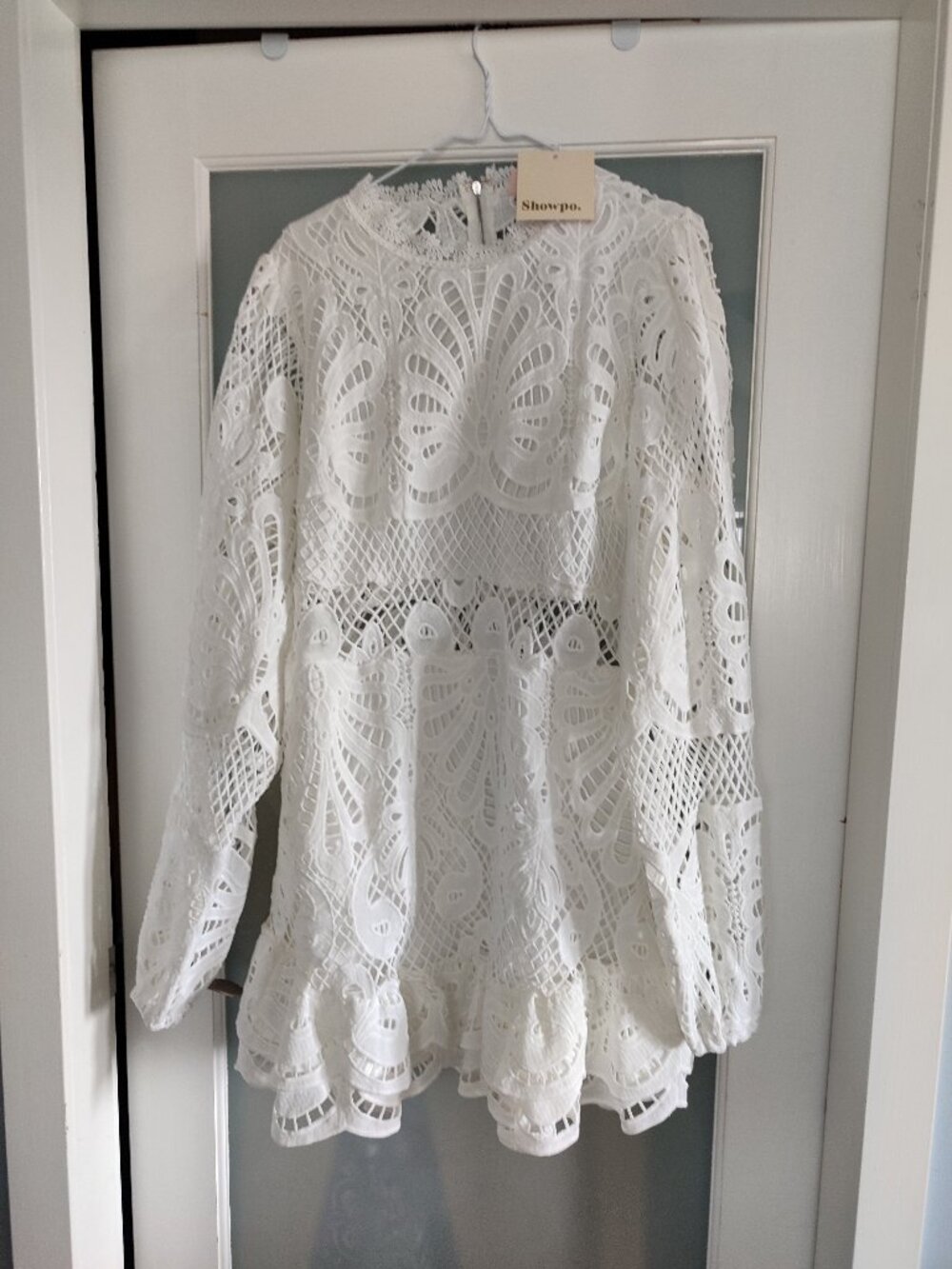 NWT Showpo White Cotton Lace Crochet  Ruffle Mini Dress Boho US 12